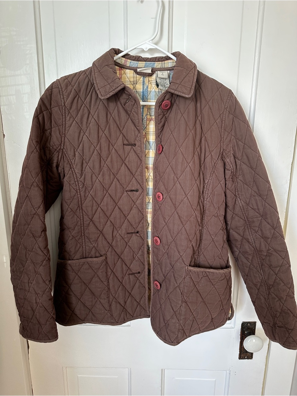 L.L. Bean Heritage Quilted Coat Cotton Plaid Lined Brown Size Small